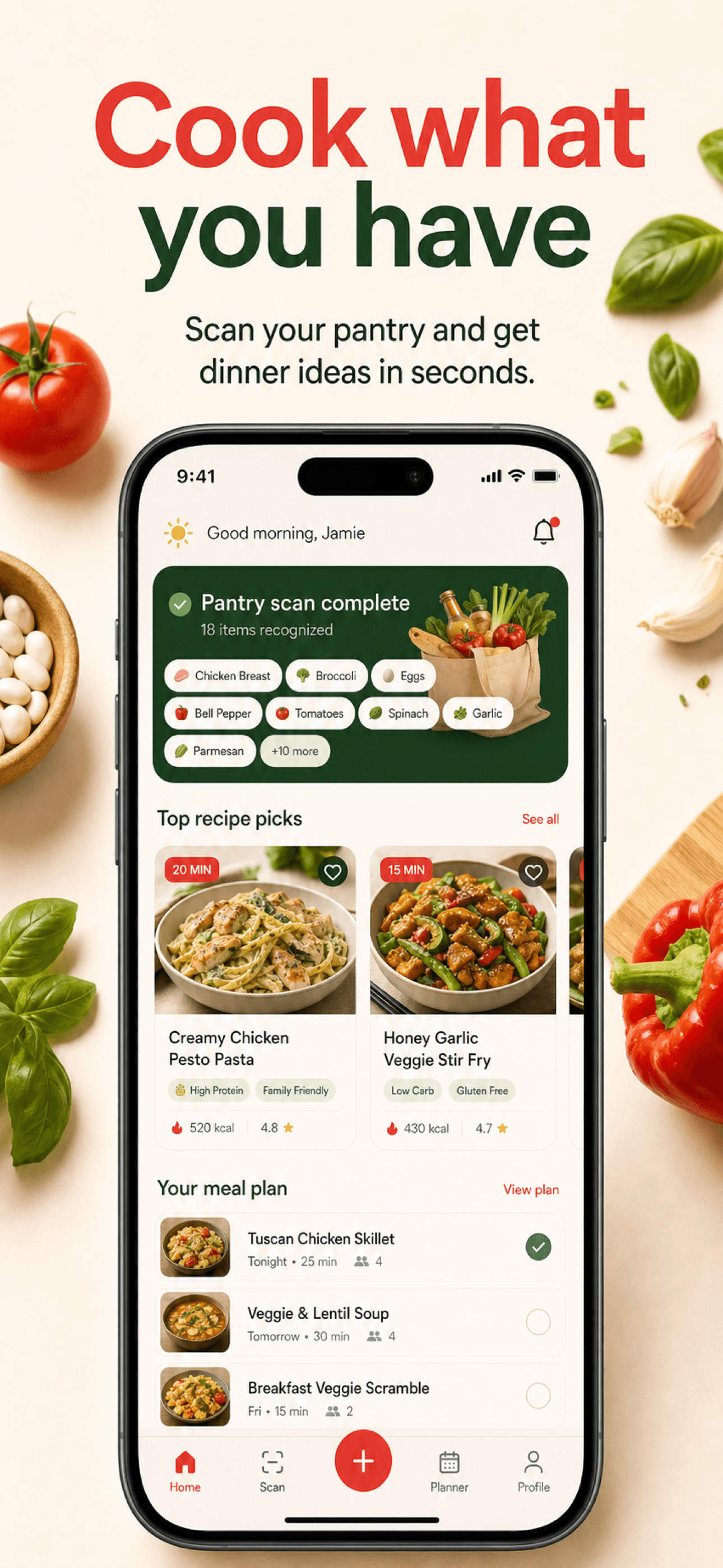 PantryPilot App Store screenshot with a benefit-led headline and a detailed cooking app interface