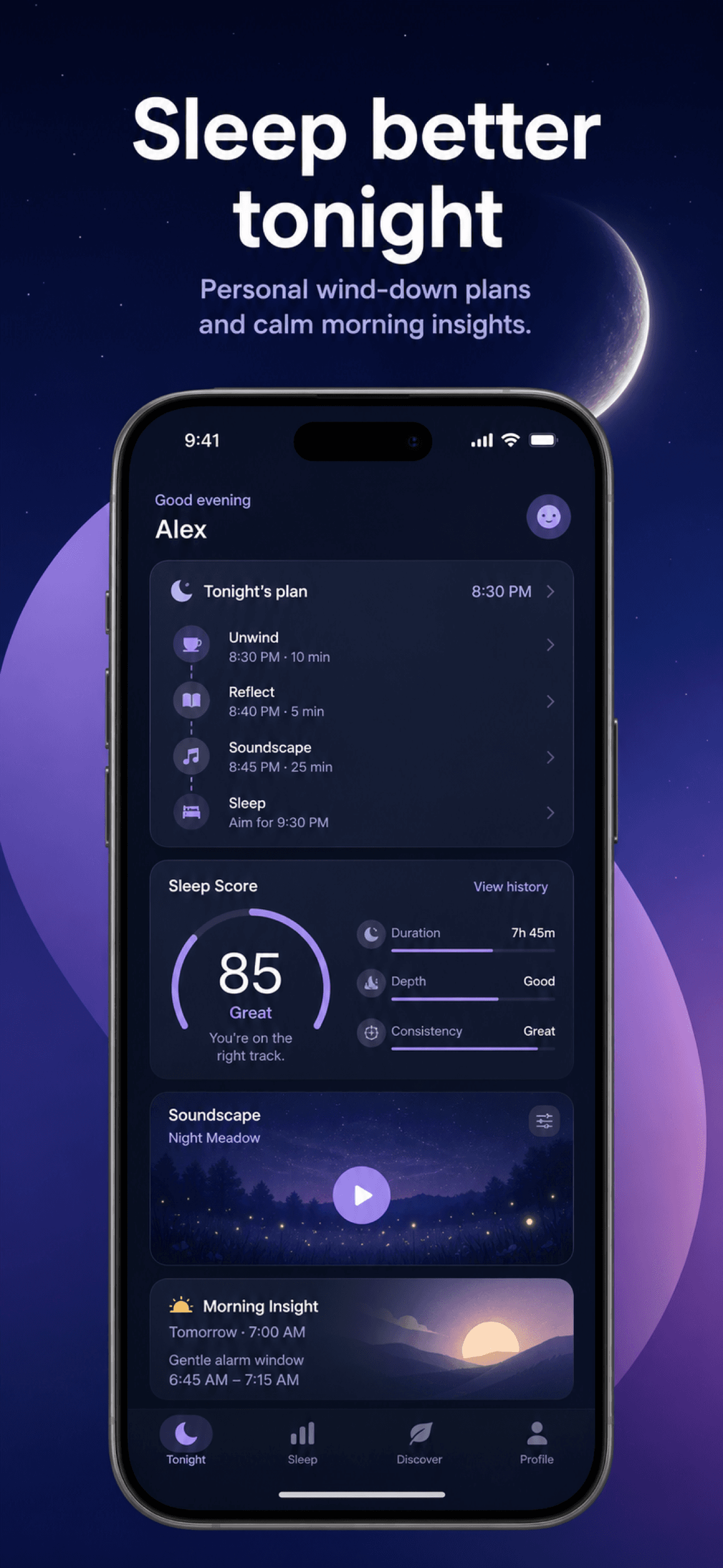 Moonlit App Store screenshot leading with a clear sleep benefit above the app interface