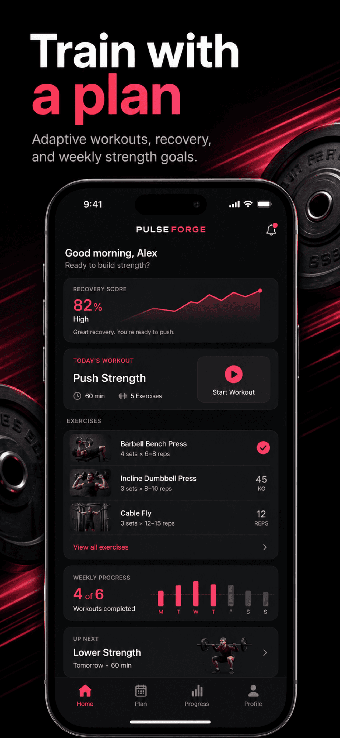 PulseForge store screenshot with a bold fitness benefit and detailed workout interface